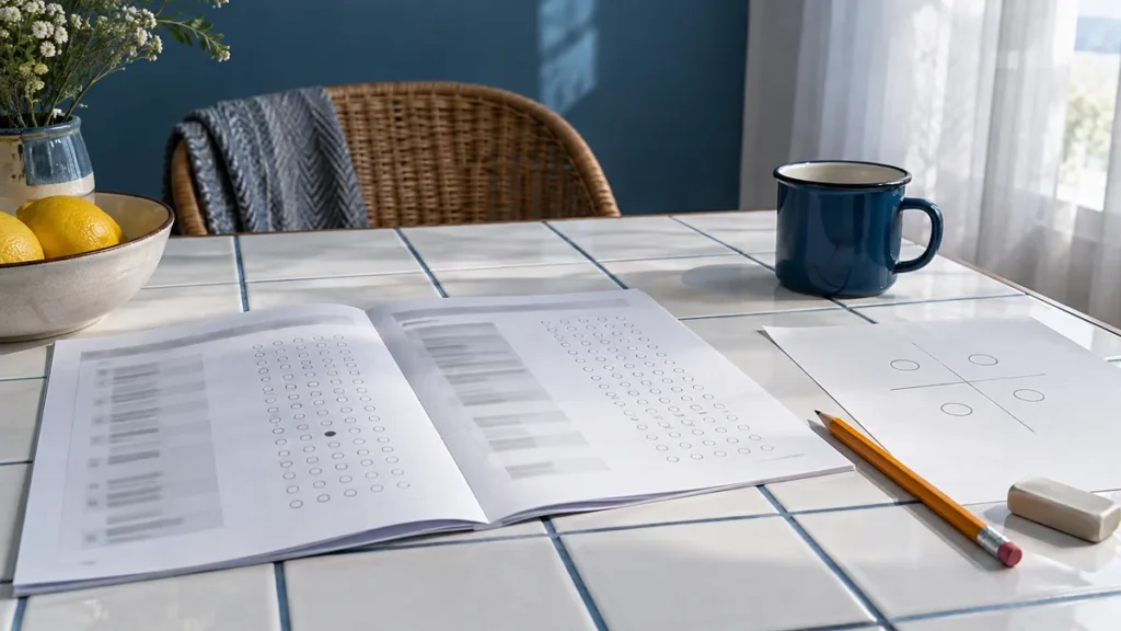 Resolver questões do Enem: caderno de prova aberto numa mesa de cozinha azulejada, com uma alternativa marcada, lápis e caneca ao lado