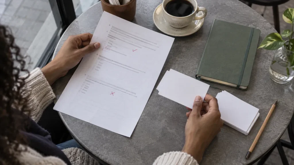Revisão ativa para o Enem: mãos organizando uma questão corrigida e cartões de retomada sobre uma mesa de café.