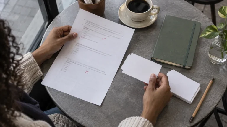 Revisão ativa para o Enem: mãos organizando uma questão corrigida e cartões de retomada sobre uma mesa de café.