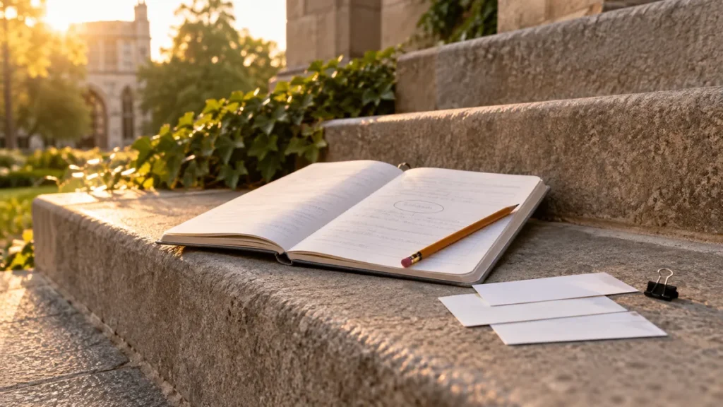 Revisão ativa para o Enem: caderno aberto com questão marcada e cartões de revisão em uma escadaria de campus.