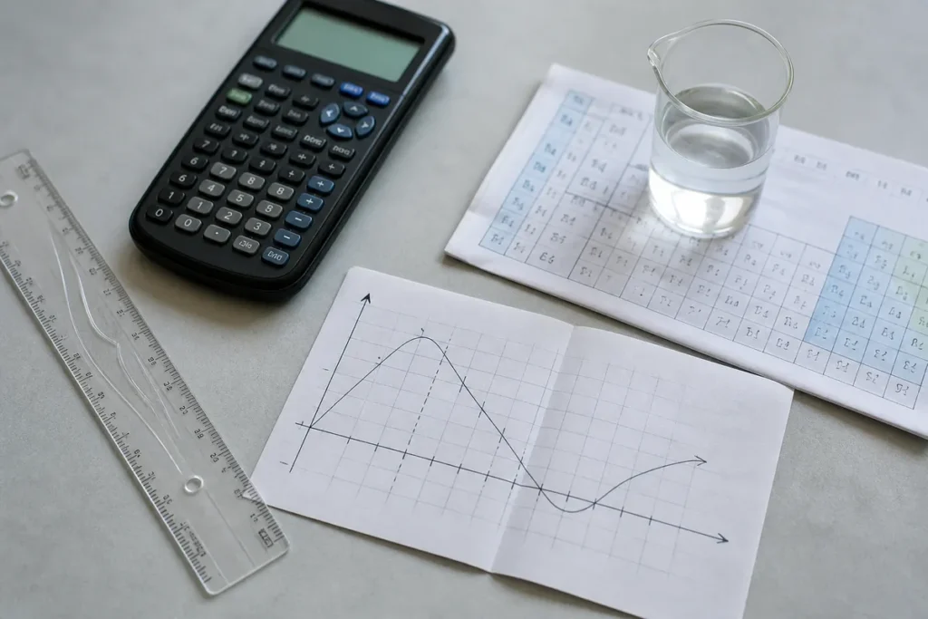 Simulado de Ciências da Natureza do Enem: calculadora, régua e gráfico desenhado à mão sobre a mesa
