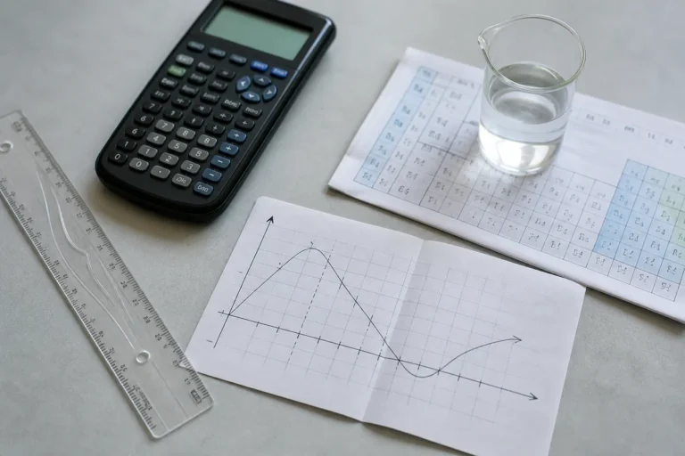 Simulado de Ciências da Natureza do Enem: calculadora, régua e gráfico desenhado à mão sobre a mesa