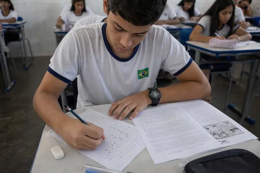 Simulado de Linguagens do Enem: estudante marcando o cartão-resposta ao lado de um texto impresso, cronometrado