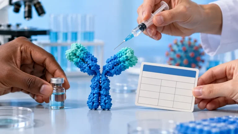 sistema imunológico no Enem: mãos organizando modelo de anticorpo ao lado de uma seringa em laboratório, sem texto.