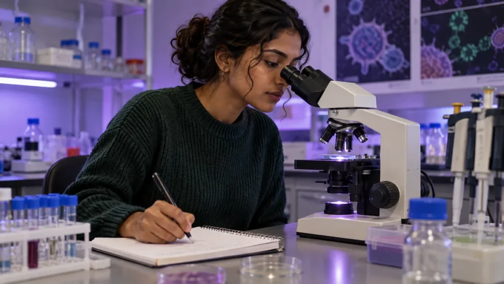 sistema imunológico no Enem: pesquisadora observando uma lâmina ao microscópio em laboratório universitário.