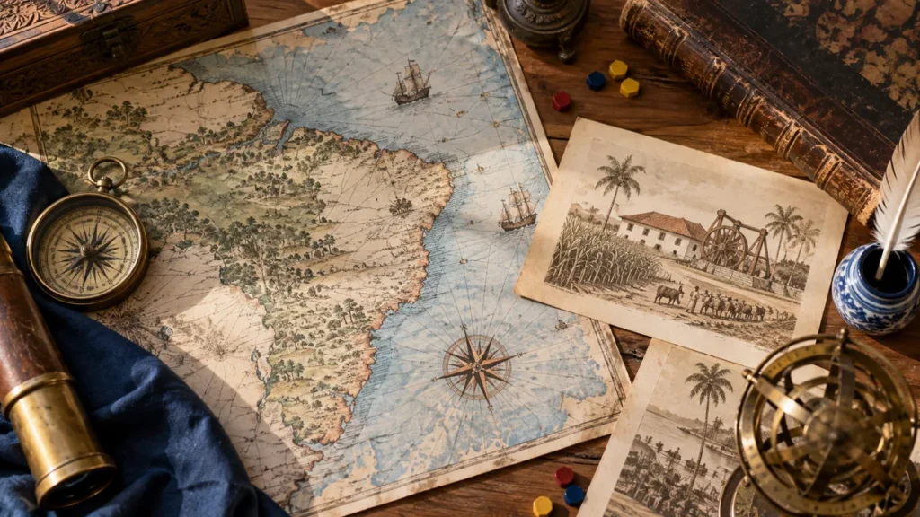brasil colônia no enem com mapa histórico e fichas de revisão em mesa de estudo