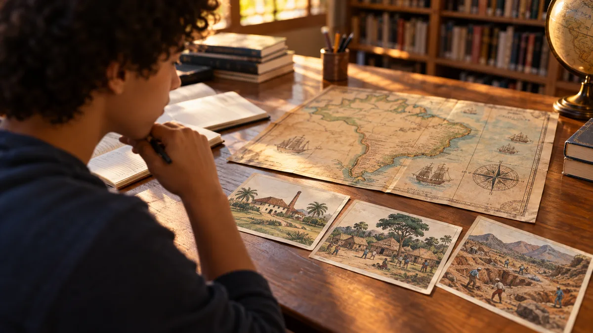 brasil colônia no enem com estudante analisando mapa e cartões de revisão