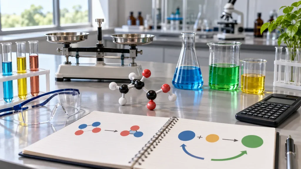 estequiometria no enem com balança, béqueres e modelo molecular em laboratório