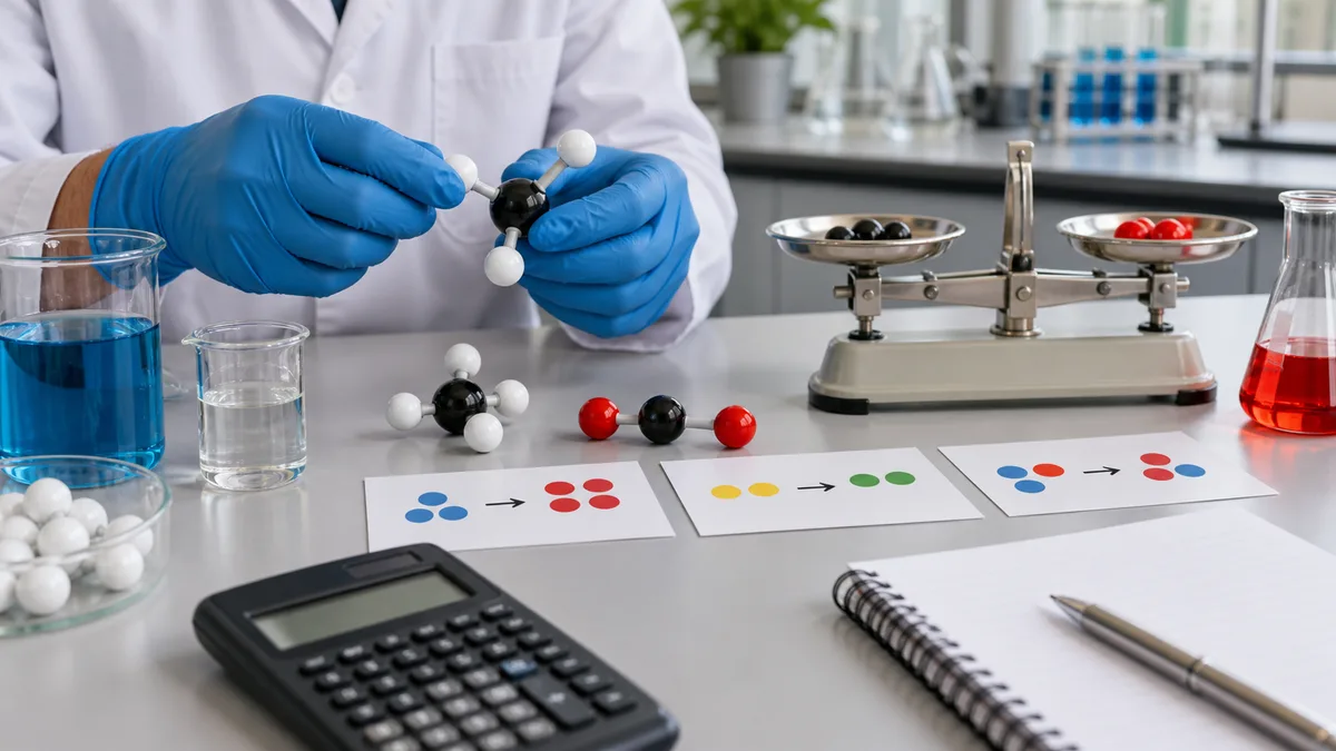 estequiometria no enem com mãos montando moléculas e cartões de proporção em laboratório