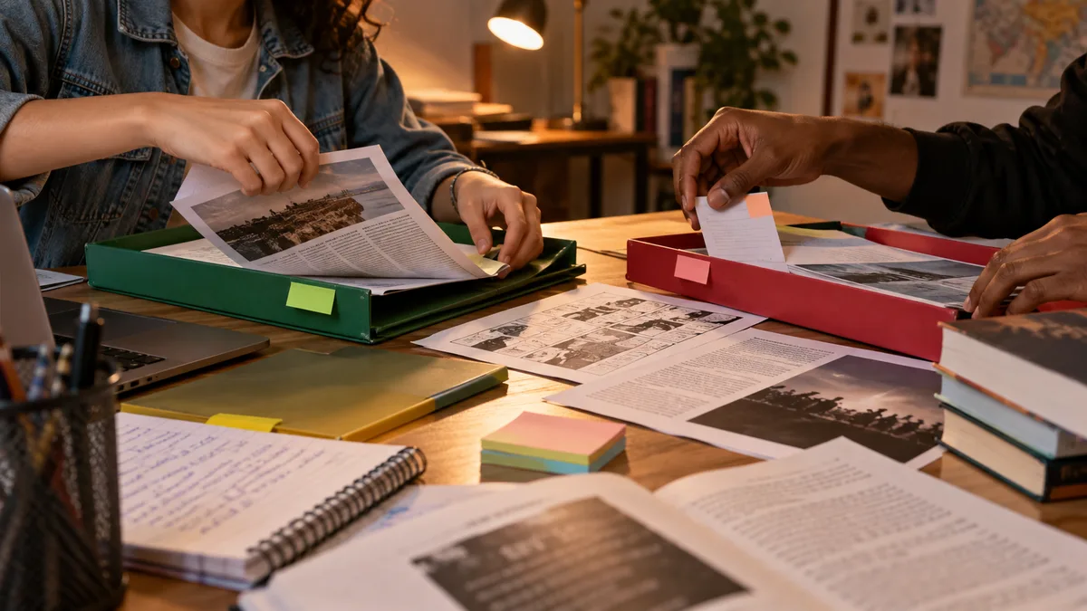 gêneros textuais no enem com estudantes separando materiais em pastas coloridas