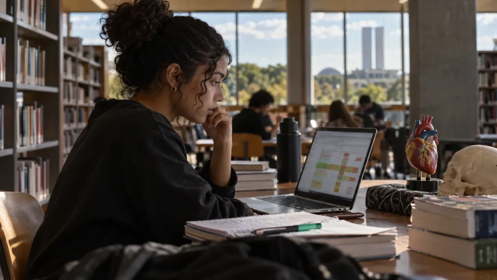 nota de corte biomedicina com estudante em biblioteca analisando faixas de pontuação