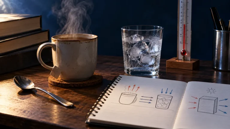 termologia no enem com xícara quente, gelo, termômetro e caderno de estudo