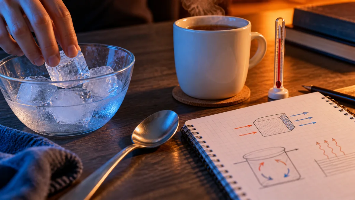 termologia no enem com mão colocando gelo e comparando calor em mesa de estudo