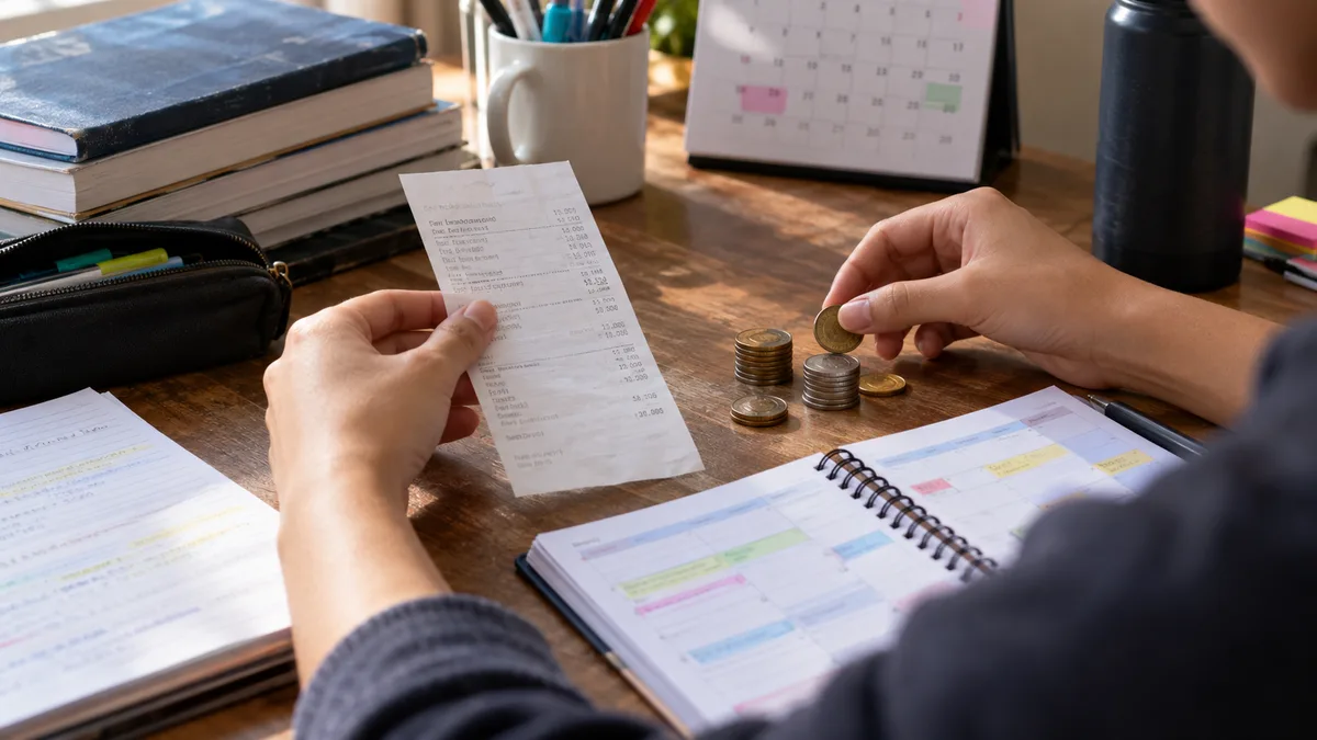 treineiro paga o enem com mãos comparando recibo, moedas e planner de estudo