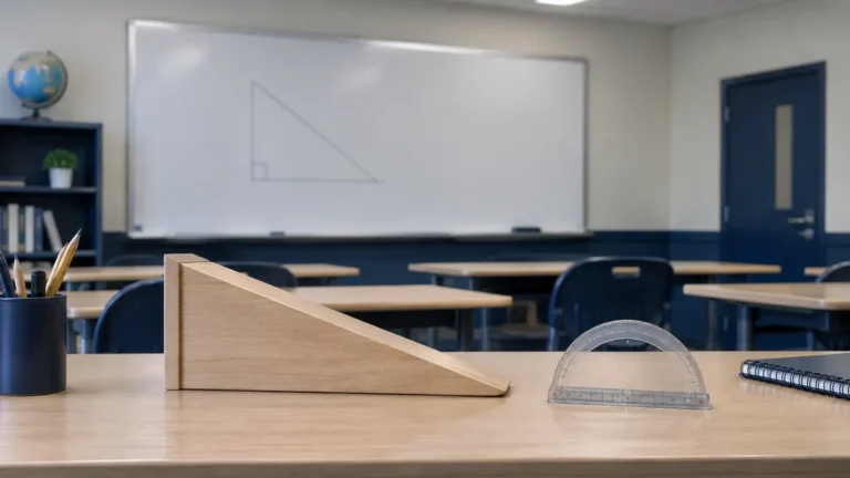 Trigonometria no Enem: quadro de sala com triângulo desenhado ao lado de uma maquete de rampa, sem texto legível.