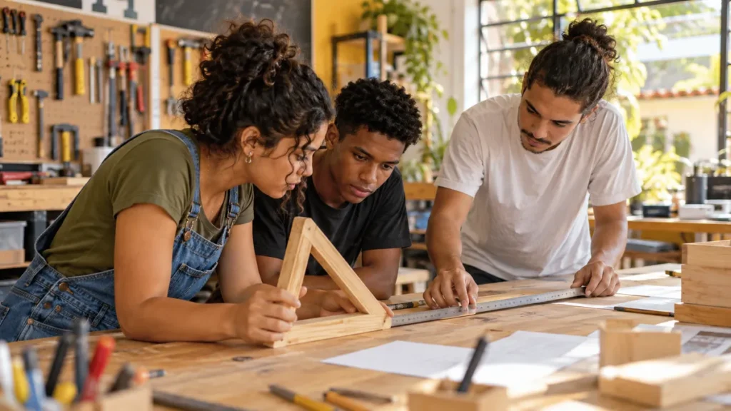 Trigonometria no Enem: grupo de estudantes conferindo uma maquete de triângulo e uma régua em uma sala de estudos.