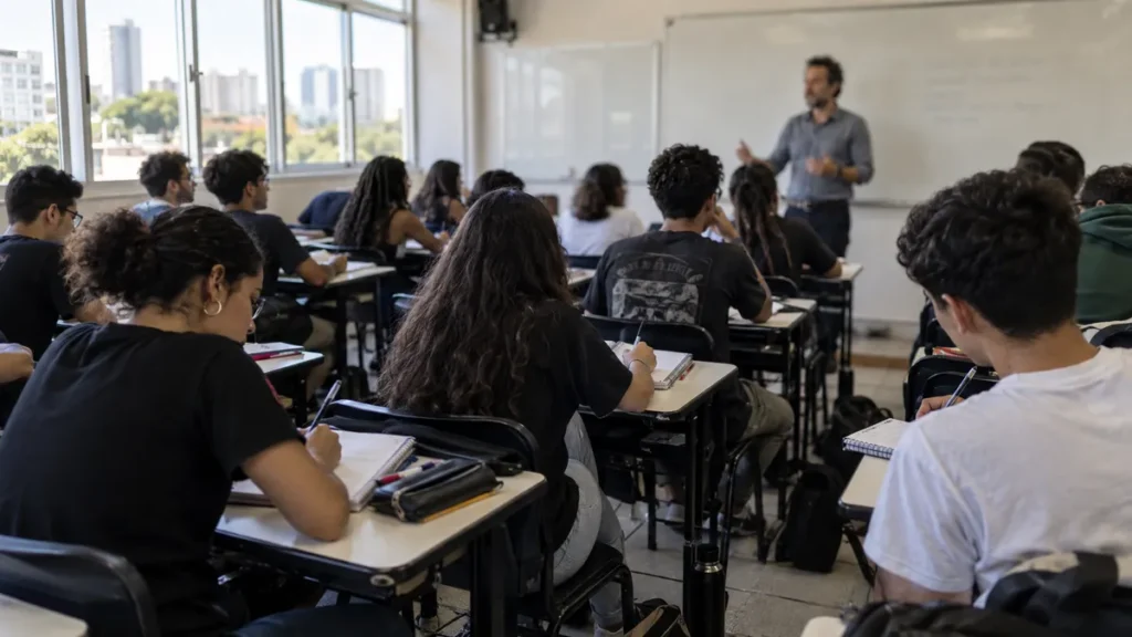 Cursinho para o Enem: dois jovens com ficha de matrícula na entrada de um prédio à noite