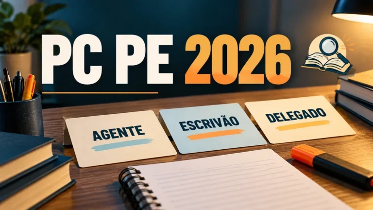 Cartões com os cargos Agente, Escrivão e Delegado diante do título PC PE 2026.