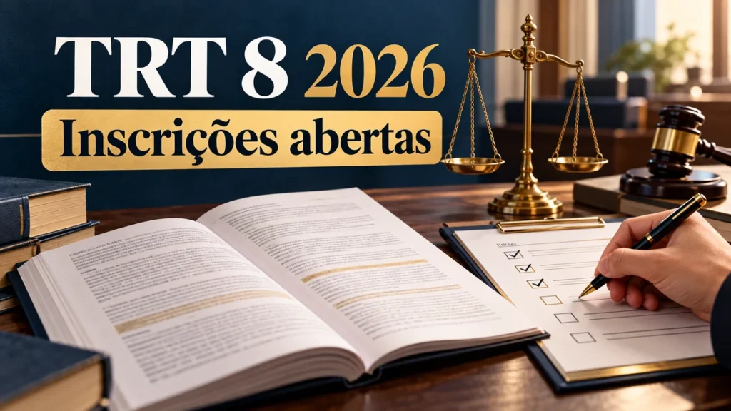 Concurso TRT 8 2026: edital, checklist e balança ilustrativa com a chamada Inscrições abertas