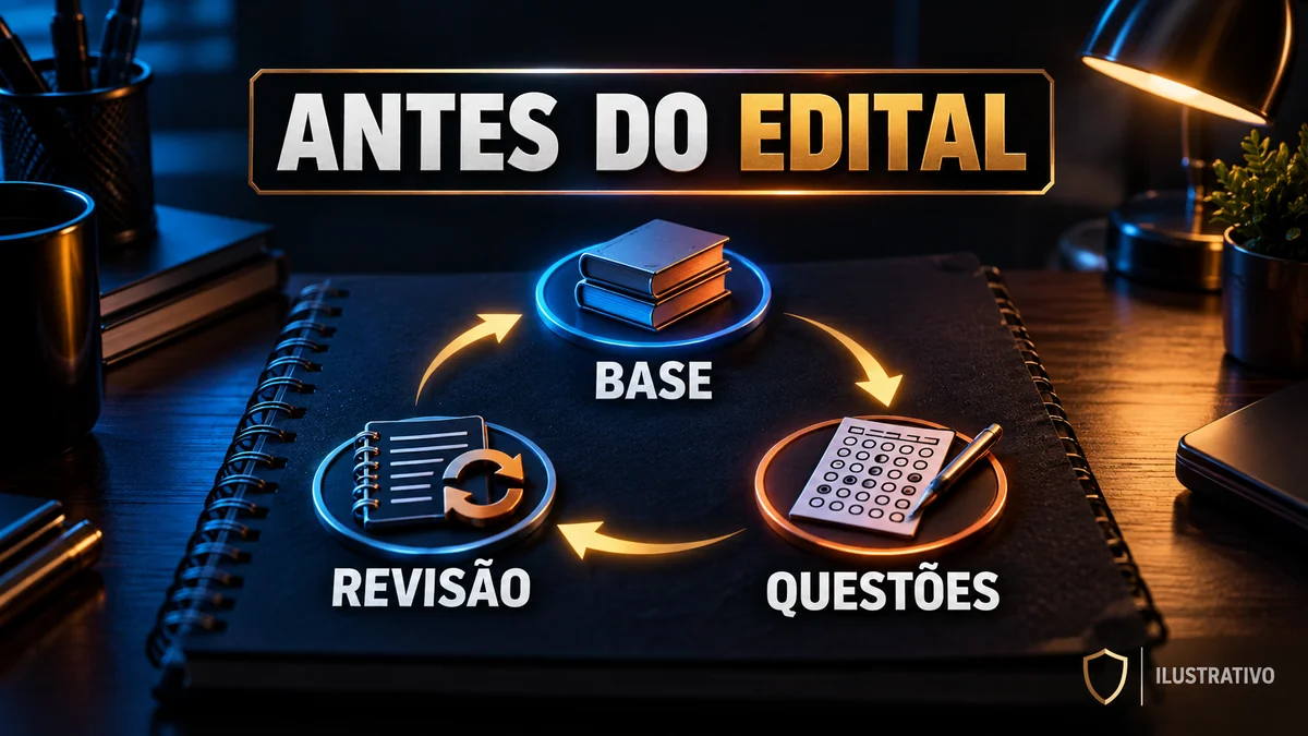 Infográfico de preparação para Polícia Civil antes do edital: construir base, resolver questões e revisar, sem brasão oficial.