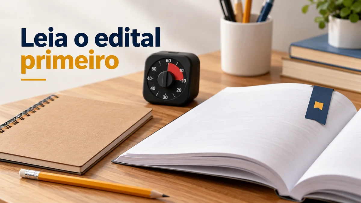 Caderno, lápis e cronômetro ilustram os estudos para o Concurso Ibitinga 2026