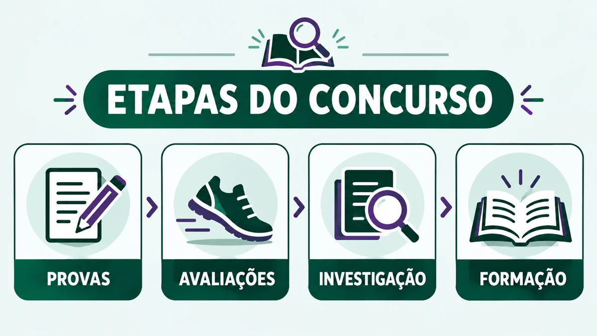 Painel ilustrado das provas, avaliações, investigação e formação do concurso PC PE 2026.
