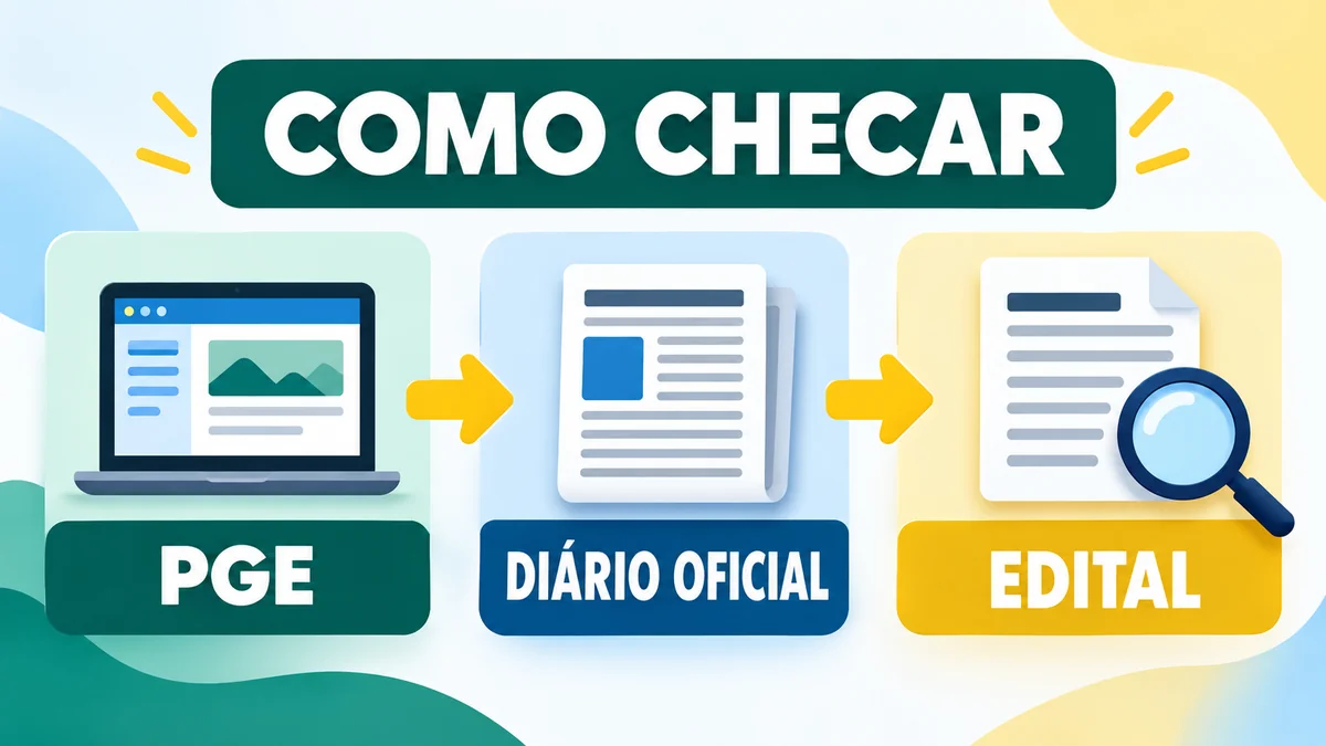 Fluxo para checar o rumor do concurso PGE-RS: portal da PGE, Diário Oficial e edital.