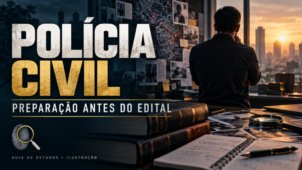 Polícia Civil: preparação antes do edital, com livros de Direito, caderno e cena ilustrativa de investigação.