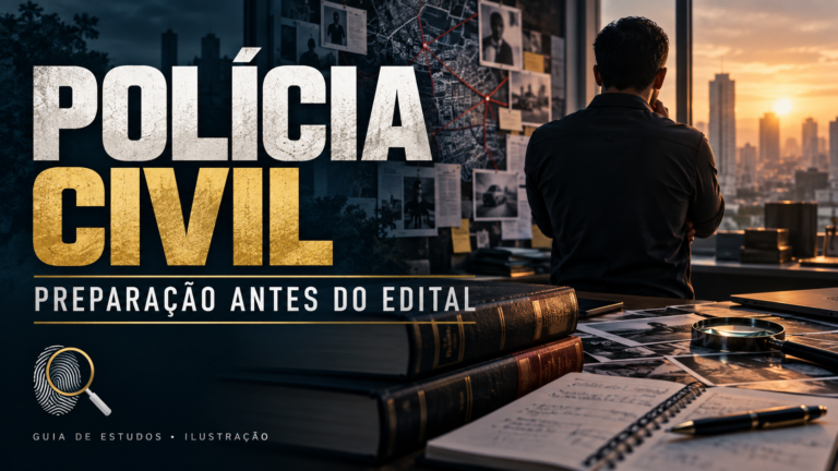Polícia Civil: preparação antes do edital, com livros de Direito, caderno e cena ilustrativa de investigação.