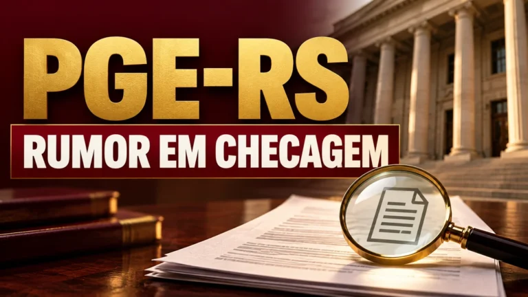 Rumor do concurso PGE-RS: documento genérico sob lupa com a chamada “PGE-RS — rumor em checagem”.